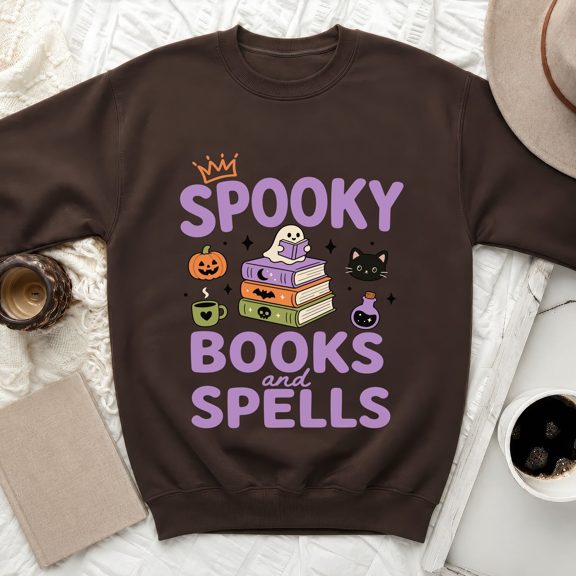 Dark brown sweatshirt with "Spooky Books and Spells" Halloween graphic.