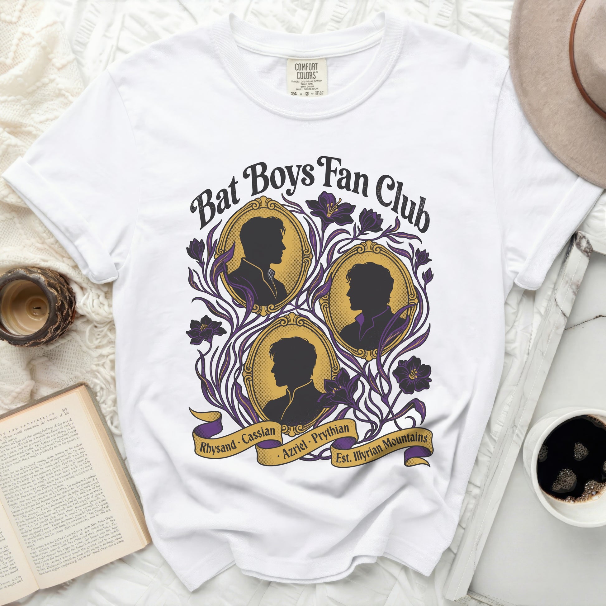 Bat Boys Fan Club shirt with three male silhouettes and floral accents.