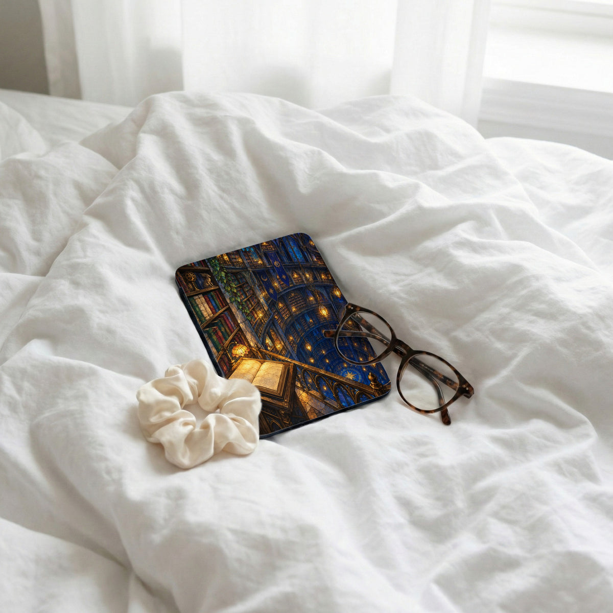 Mousepad with ornate library design, eyeglasses, and scrunchie on white bedding.
