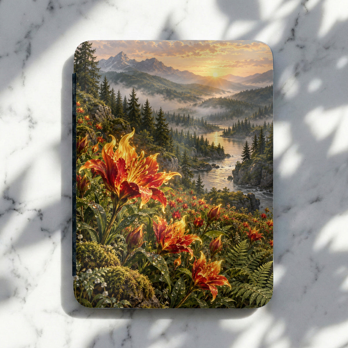 Painting of fiery lilies in a misty mountain landscape at sunrise.