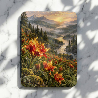 Painting of fiery lilies in a misty mountain landscape at sunrise.