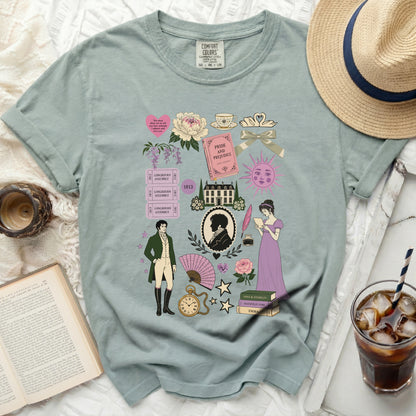 T-shirt with Austen book and regency illustrations like Pride & Prejudice.
