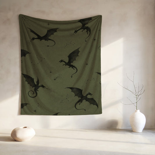 Green tapestry with a repeating pattern of black dragons and constellations.
