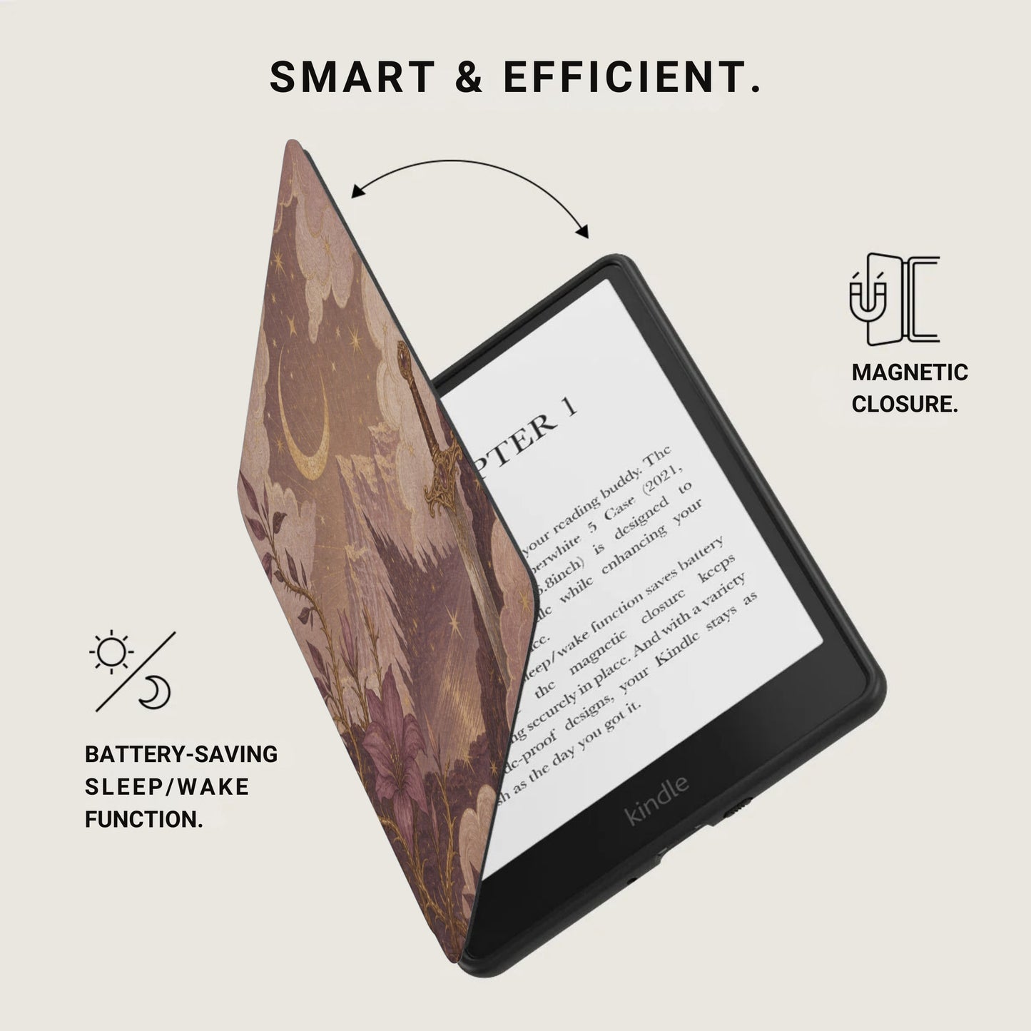 E-reader with a floral case featuring magnetic closure and battery-saving sleep/wake function.