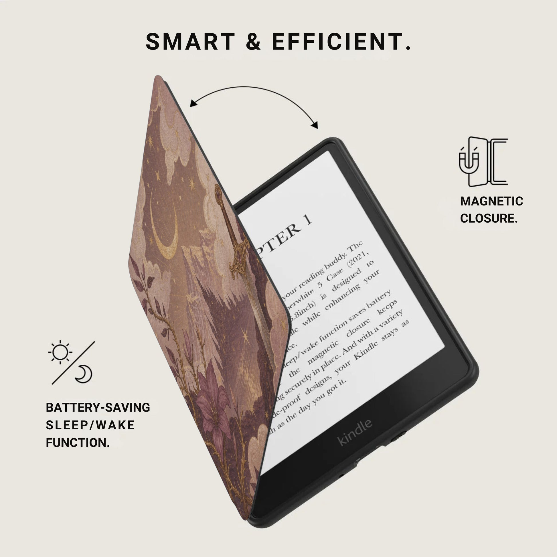 E-reader with a floral case featuring magnetic closure and battery-saving sleep/wake function.