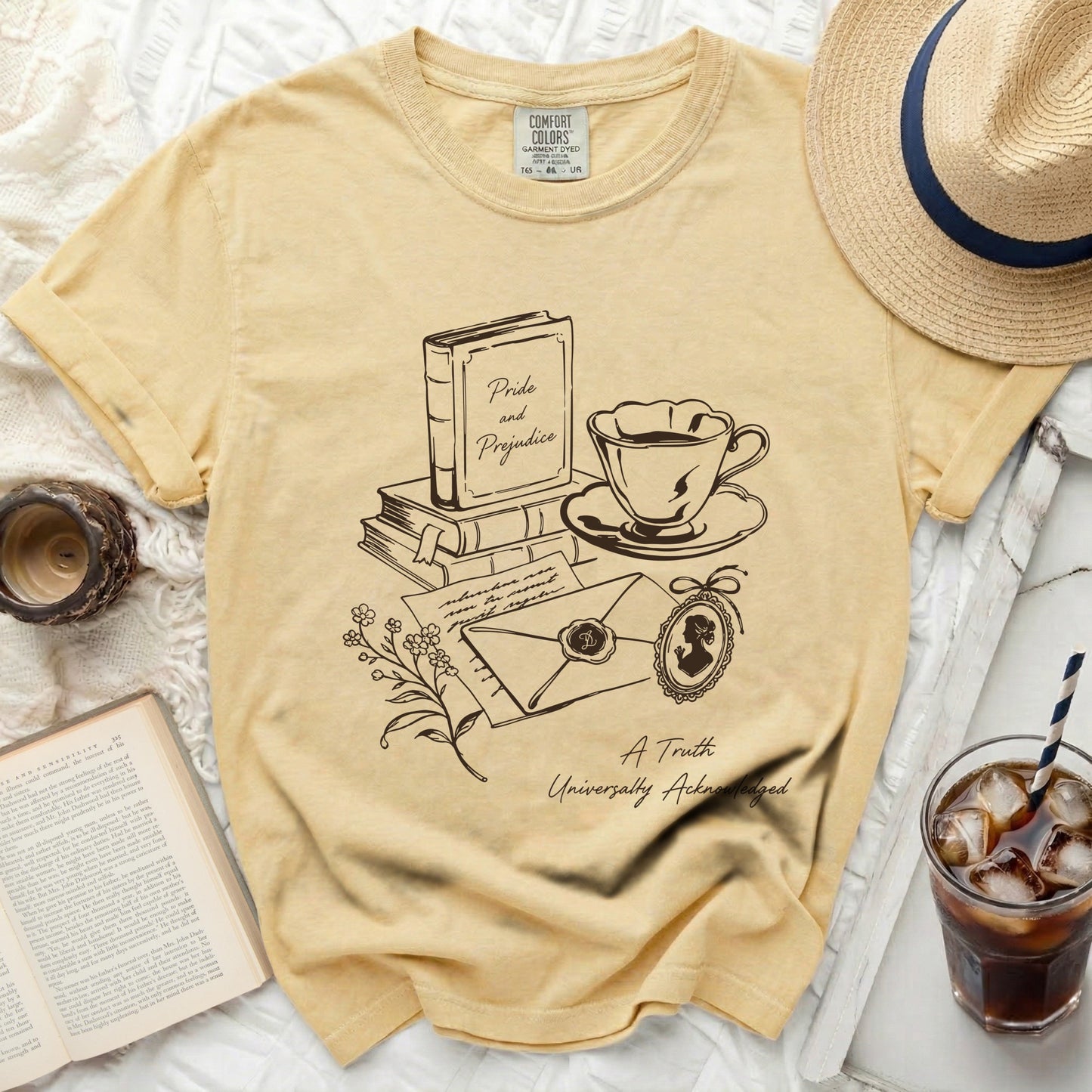 Comfort Colors t-shirt with "Pride and Prejudice" literary design.