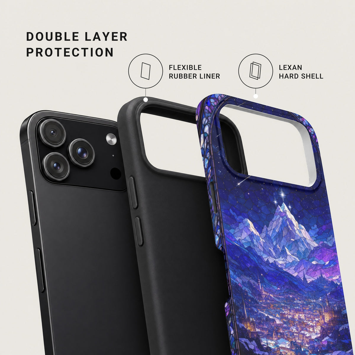 Diagram demonstrating double-layer phone case construction with a flexible rubber liner and a Lexan hard shell.
