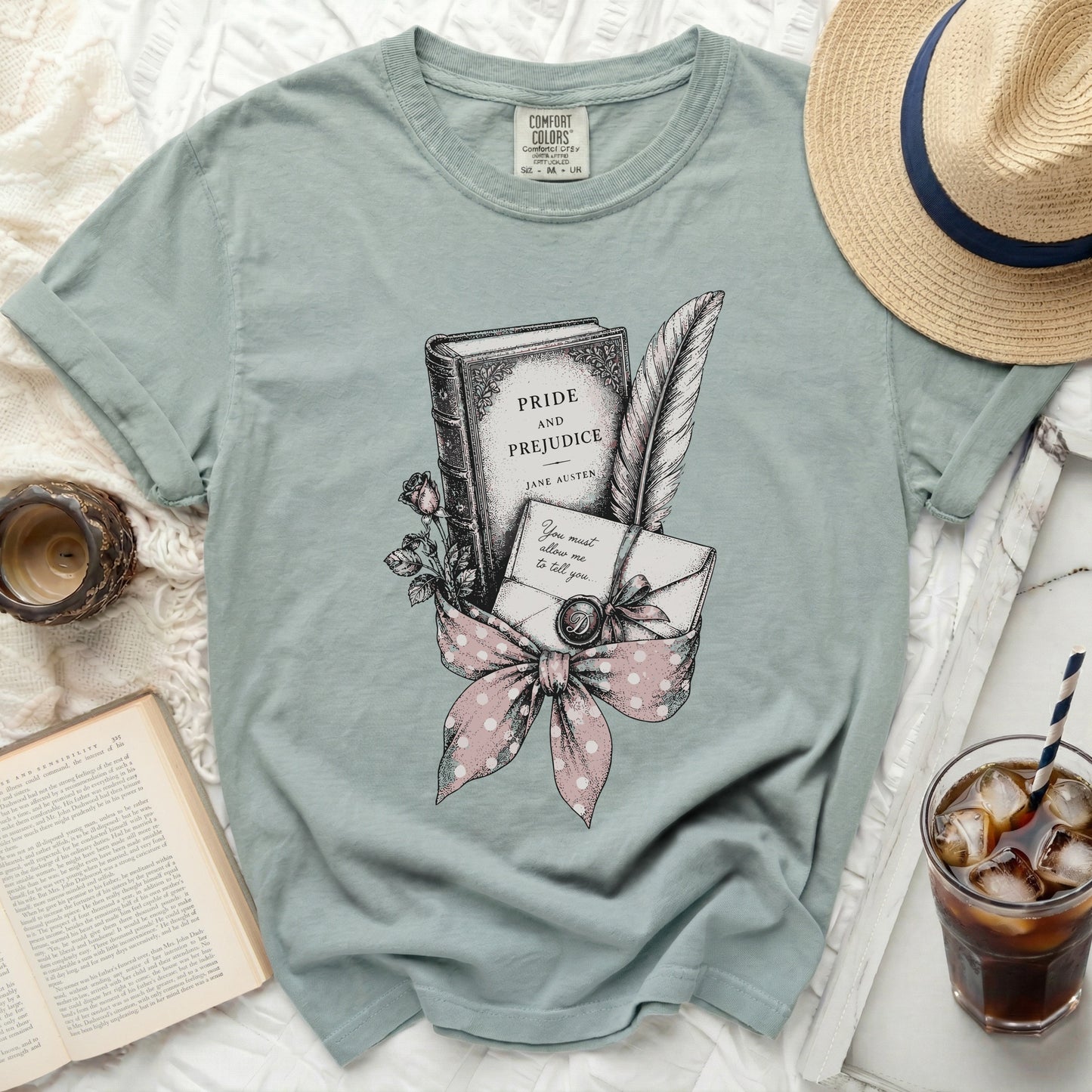 Comfort Colors t-shirt with Pride and Prejudice book, quill, and letter design.