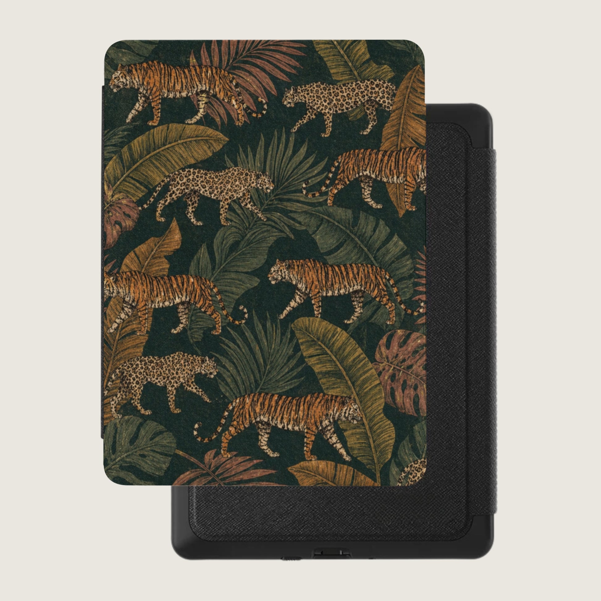 Cover with tigers and leopards in a dark jungle pattern.