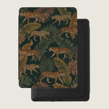 Cover with tigers and leopards in a dark jungle pattern.