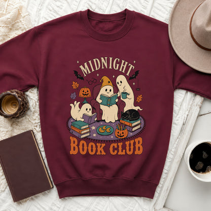 Maroon sweatshirt with "Midnight Book Club" graphic featuring ghosts and Halloween elements.
