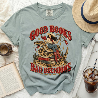 T-shirt with "Good Books Bad Decisions" graphic of woman on snake