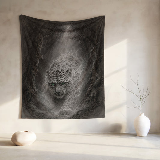 Monochromatic tapestry of a leopard with green eyes in a misty, wooded area under a full moon.