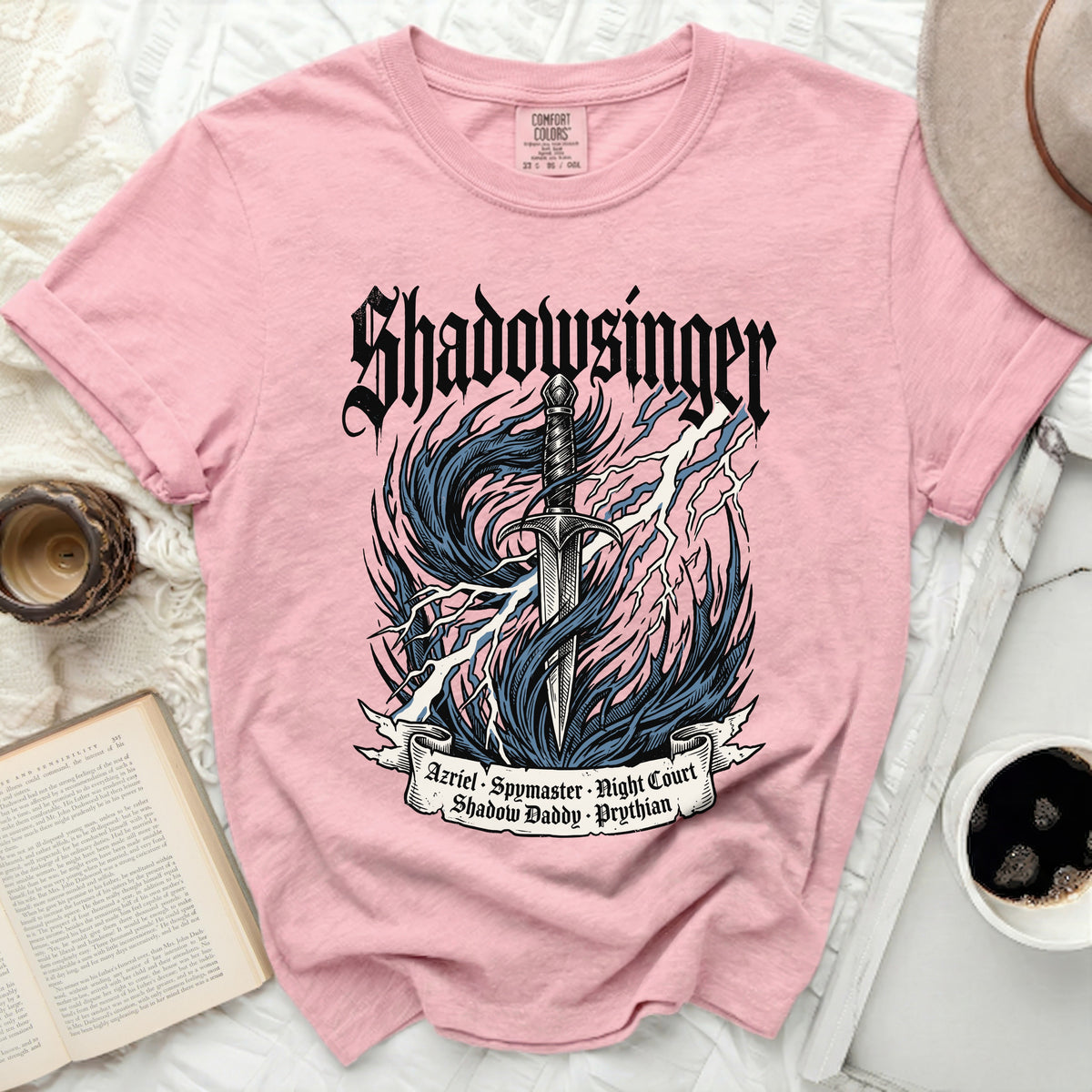 Pink t-shirt with "Shadowsinger" graphic and text "Azriel Spymaster Night Court Shadow Daddy Prythian".