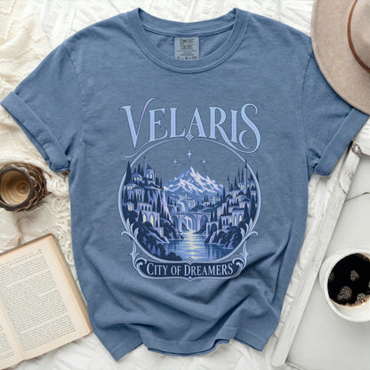Blue t-shirt with "Velaris City of Dreamers" illustration.