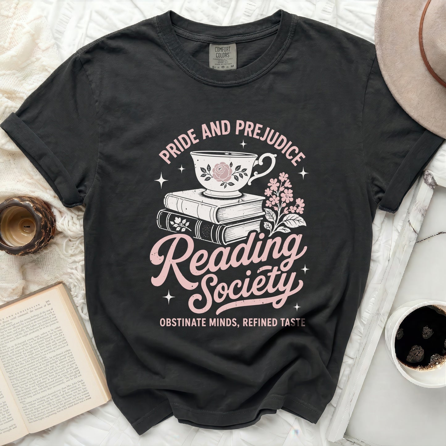 Black t-shirt with "Pride and Prejudice Reading Society" graphic.