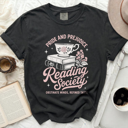 Black t-shirt with "Pride and Prejudice Reading Society" graphic.