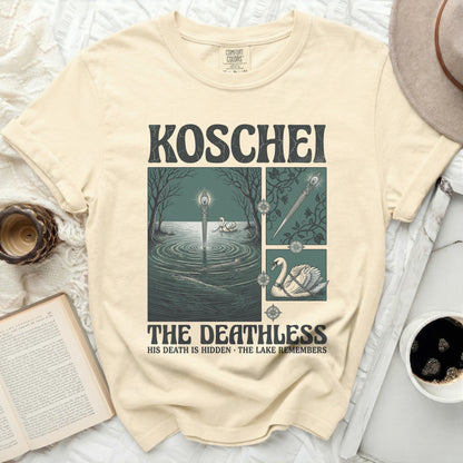 Koschei The Deathless shirt with lake, swan, and staff graphics.
