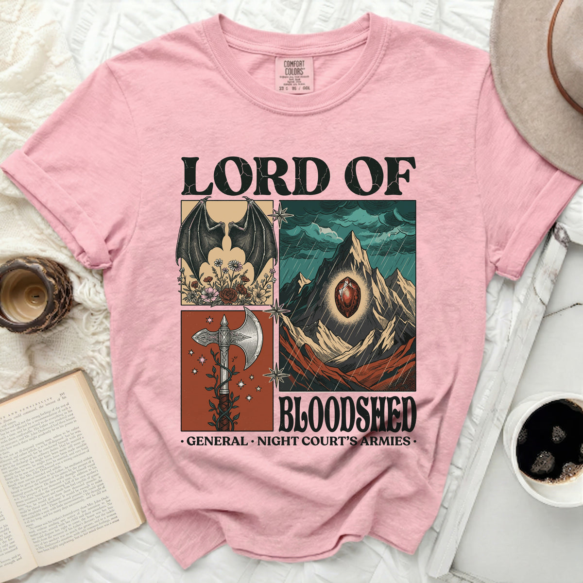 Pink t-shirt with "Lord of Bloodshed" and fantasy art design.