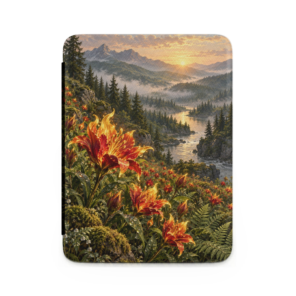 Close-up of orange lilies and ferns with misty mountain valley sunrise background.