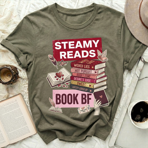 Steamy Reads Book BF Tee in Military Green