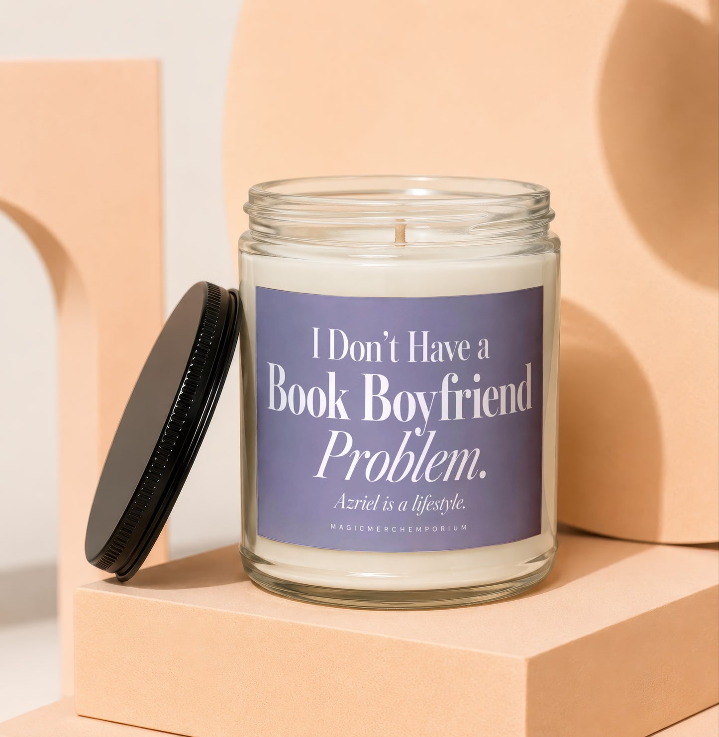 Glass candle with "I Don't Have a Book Boyfriend Problem" text.
