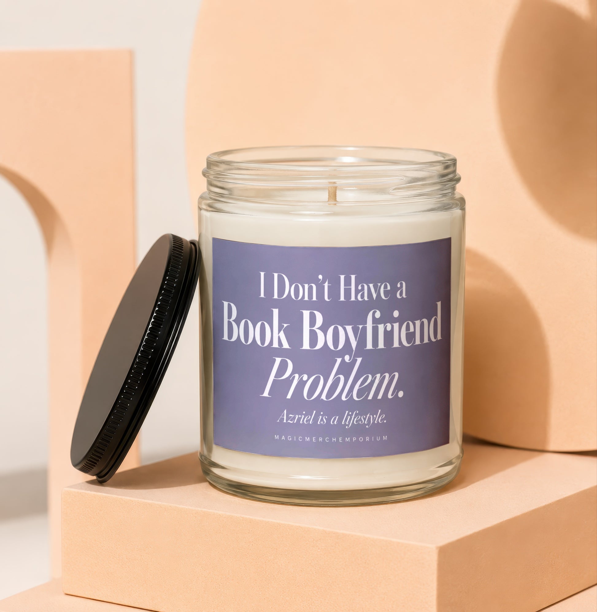 Glass candle with "I Don't Have a Book Boyfriend Problem" text.