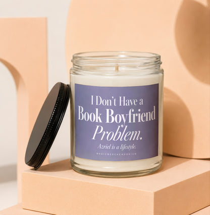 Glass candle with "I Don't Have a Book Boyfriend Problem" text.