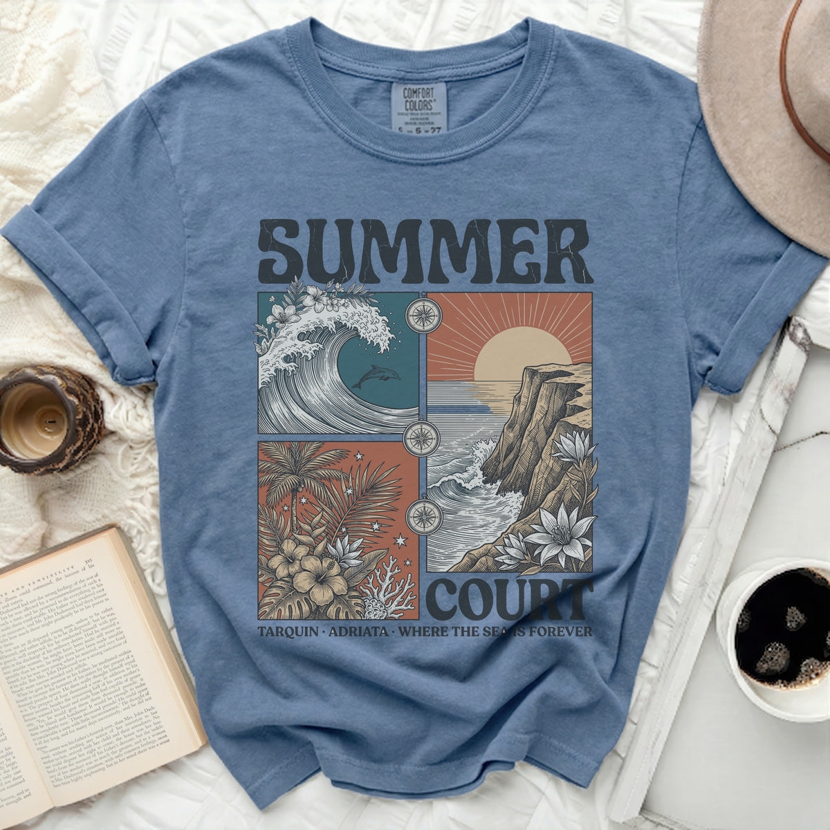 Summer Court graphic tee with ocean and tropical scenes.