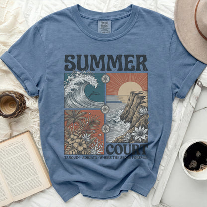 Summer Court graphic tee with ocean and tropical scenes.