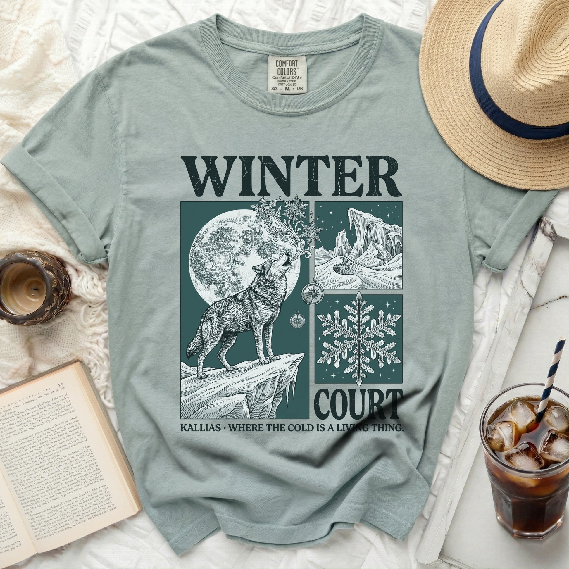 Green t-shirt with "WINTER COURT KALLIAS - WHERE THE COLD IS A LIVING THING" graphic.