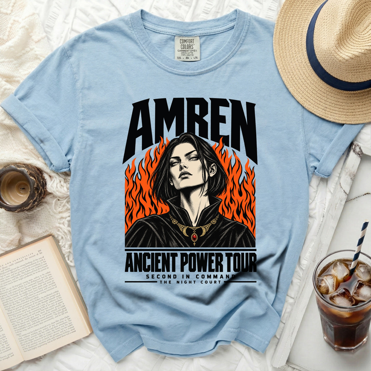 Light blue t-shirt with "AMREN" and "ANCIENT POWER TOUR" graphic.