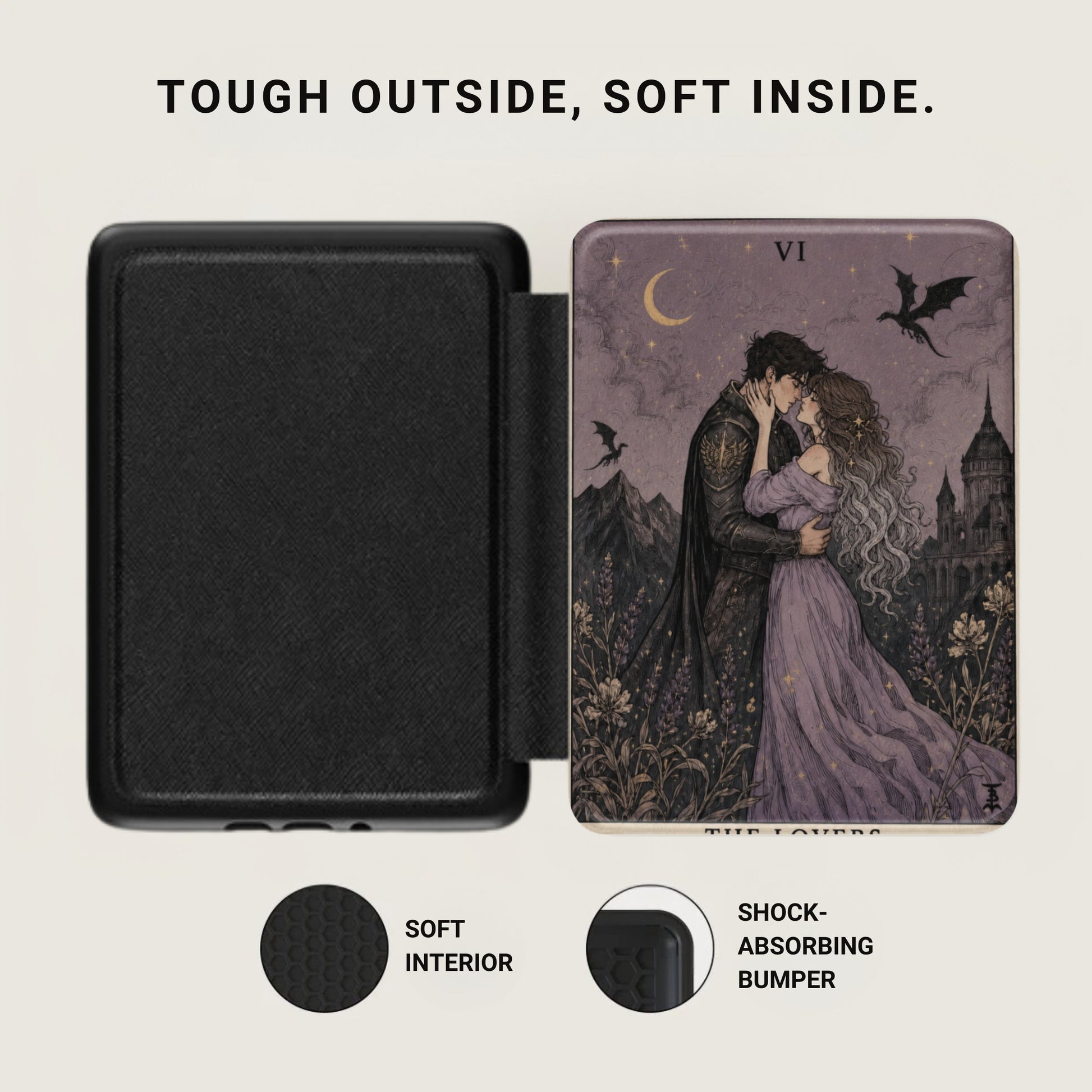 Black case with tarot card imagery of lovers and a castle, with text overlay.