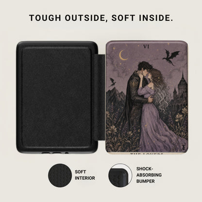 Black case with tarot card imagery of lovers and a castle, with text overlay.