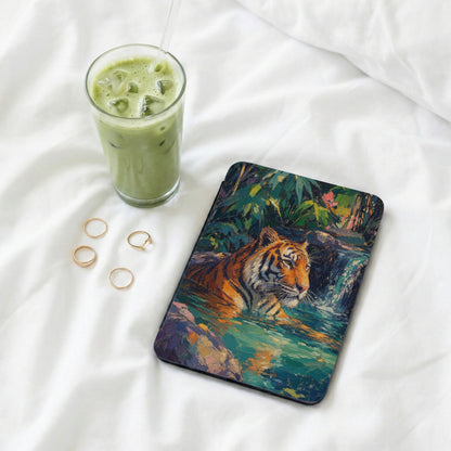 Tablet case featuring an oil painting of a tiger in water with lush jungle foliage.