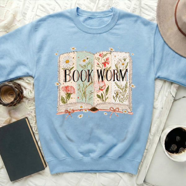 Floral Book Worm Sweatshirt in Light Blue