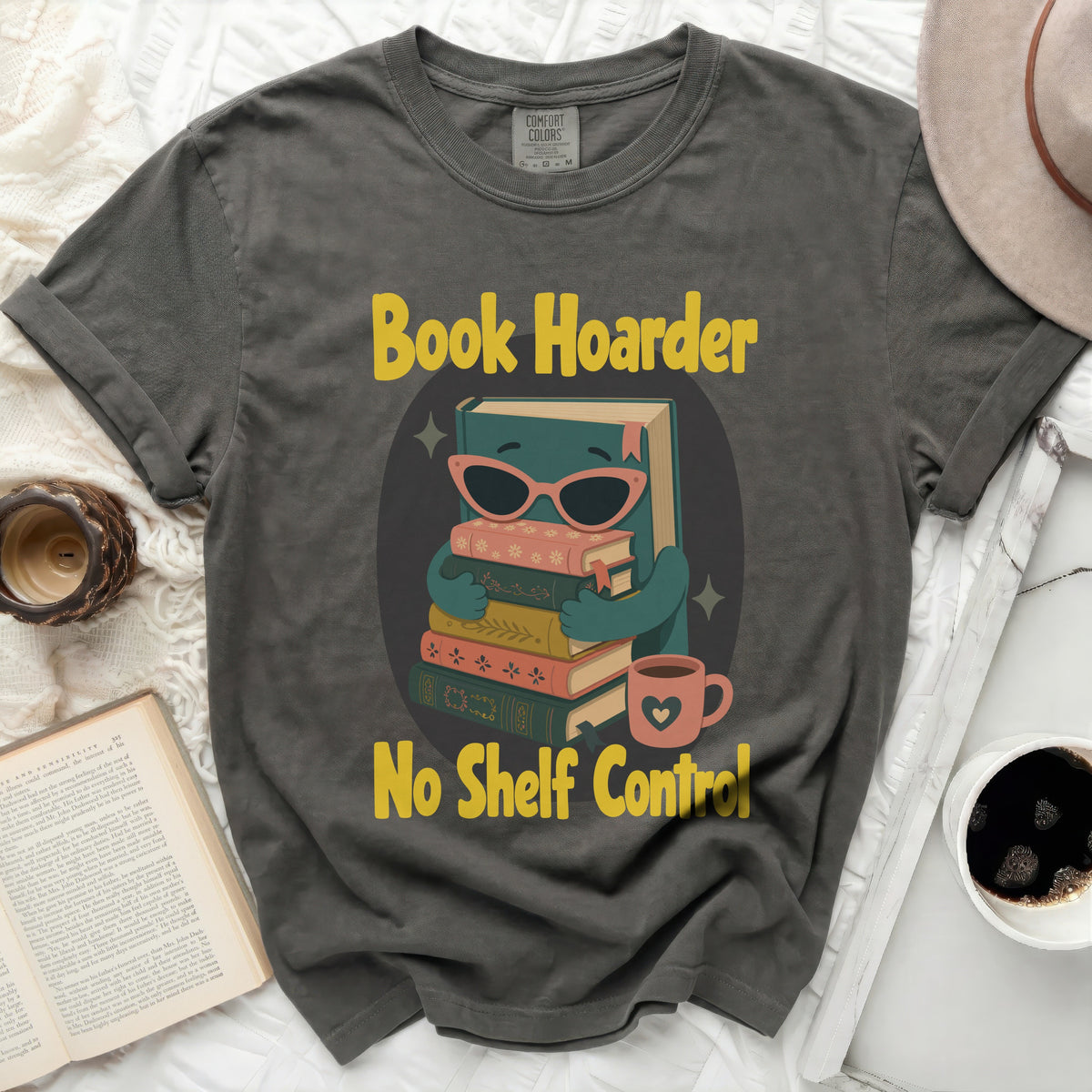 Gray t-shirt with "Book Hoarder No Shelf Control" graphic.