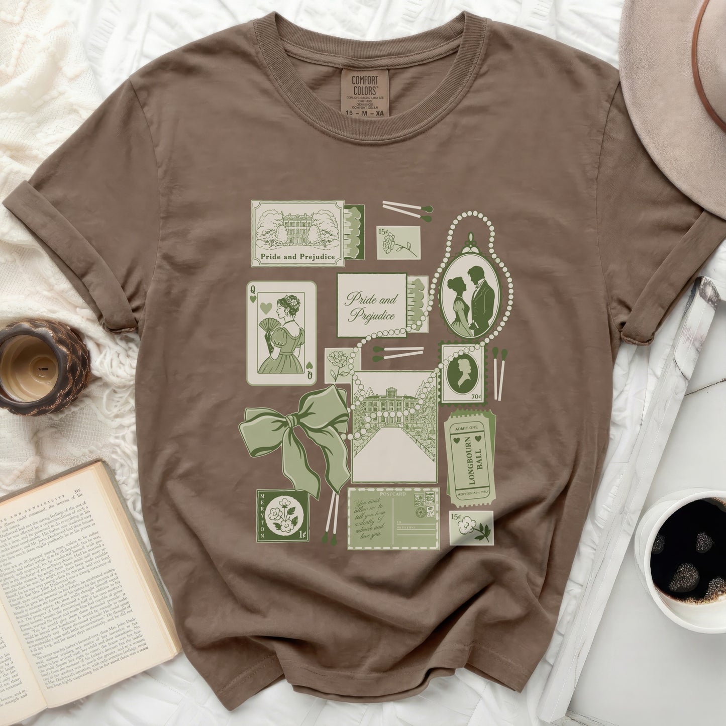 Brown t-shirt with vintage "Pride and Prejudice" graphic art.