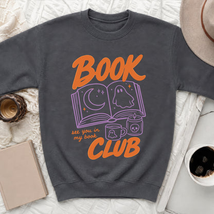 Dark gray sweatshirt with "Book Club" ghost and skull graphics.
