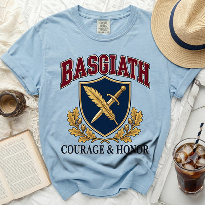 Light blue t-shirt with "BASGIATH" and shield with sword and feather, "COURAGE & HONOR".