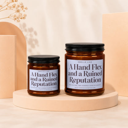 Two amber apothecary jars with black lids, labeled "A Hand Flex and a Ruined Reputation."