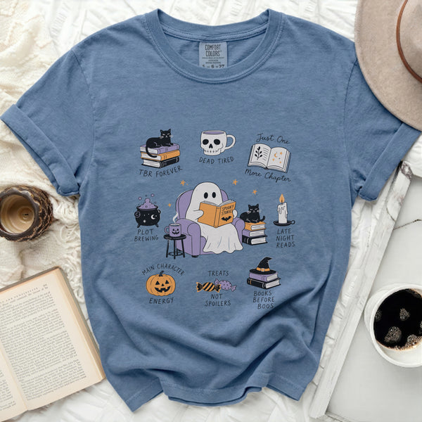 Cozy Ghostly Reads Tee in Blue Jean