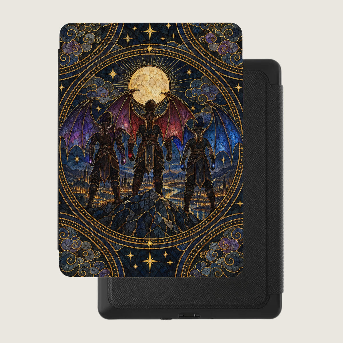 Kindle e-reader inside a black protective case featuring a stained-glass fantasy illustration of three winged figures.