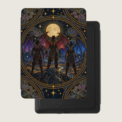 Kindle e-reader inside a black protective case featuring a stained-glass fantasy illustration of three winged figures.