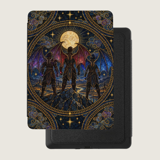 Kindle e-reader inside a black protective case featuring a stained-glass fantasy illustration of three winged figures.