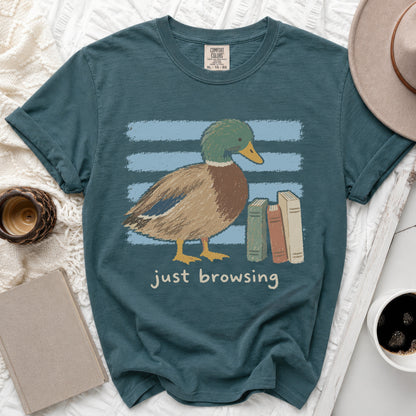 Teal t-shirt with a mallard duck graphic and the text "just browsing".