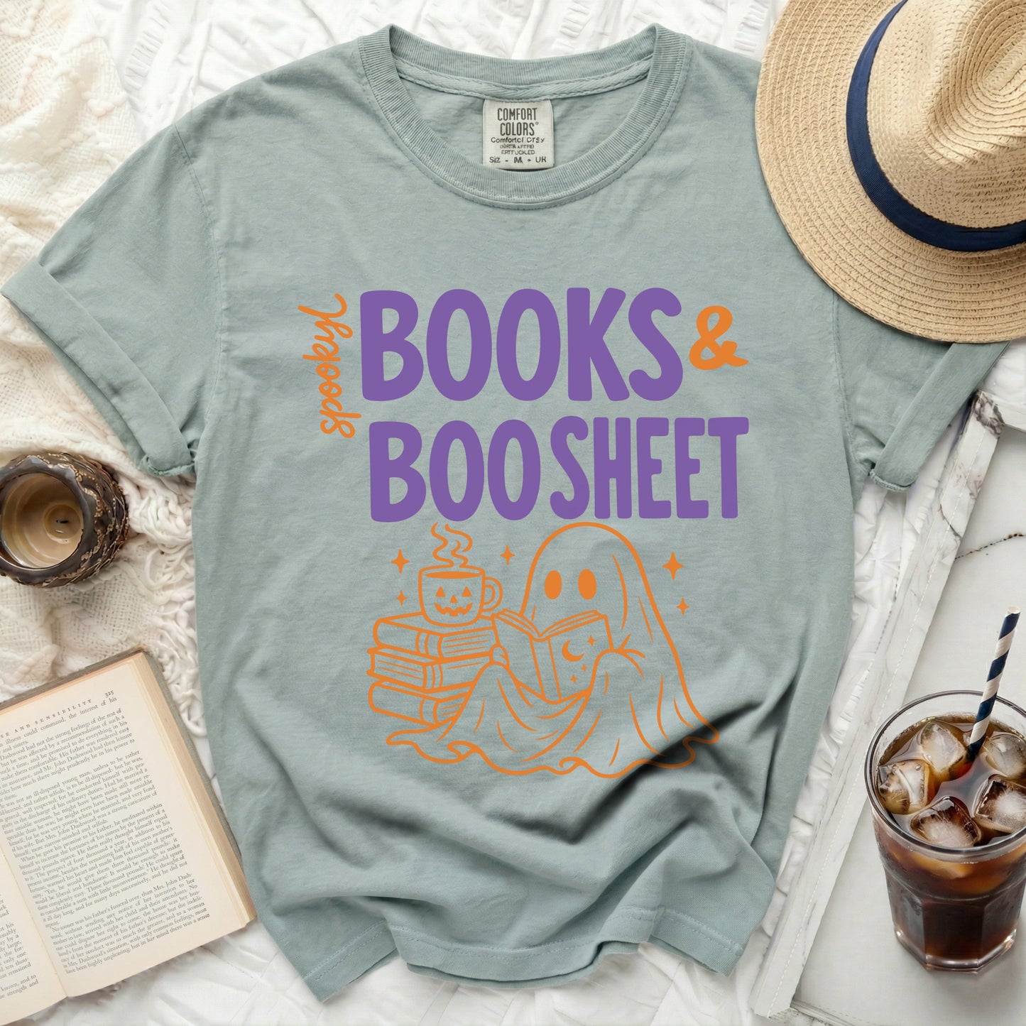 Spooky Books & Boo Sheet graphic tee.
