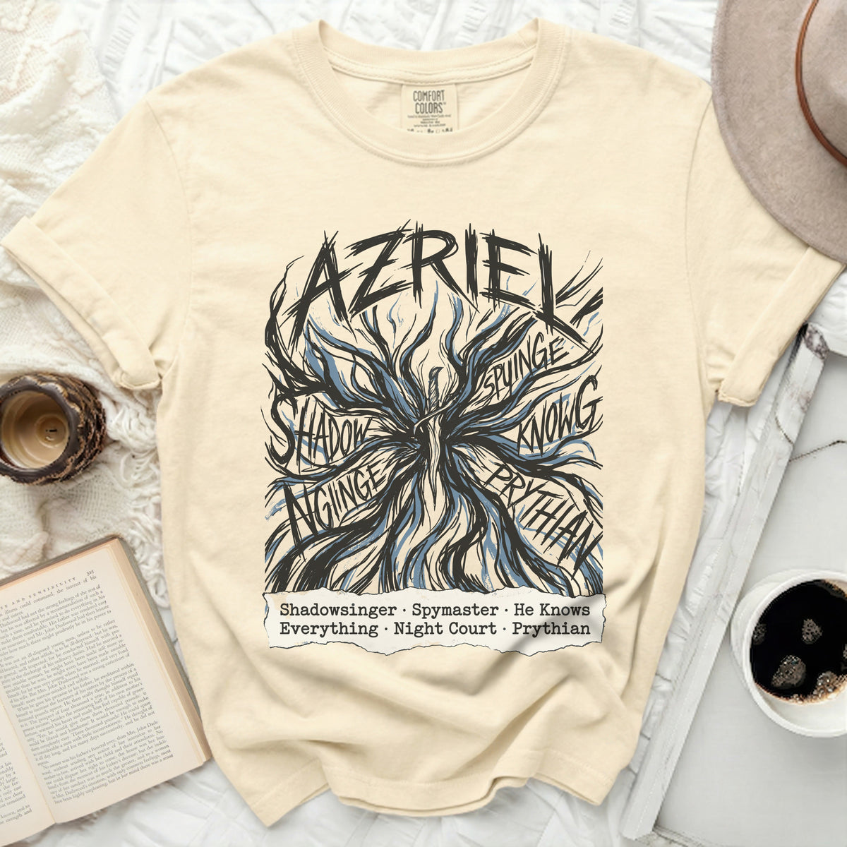 Comfort Colors t-shirt with Azriel and text about Shadowsinger, Spymaster, He Knows Everything, Night Court, Prythian.