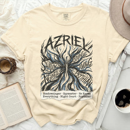 Comfort Colors t-shirt with Azriel and text about Shadowsinger, Spymaster, He Knows Everything, Night Court, Prythian.