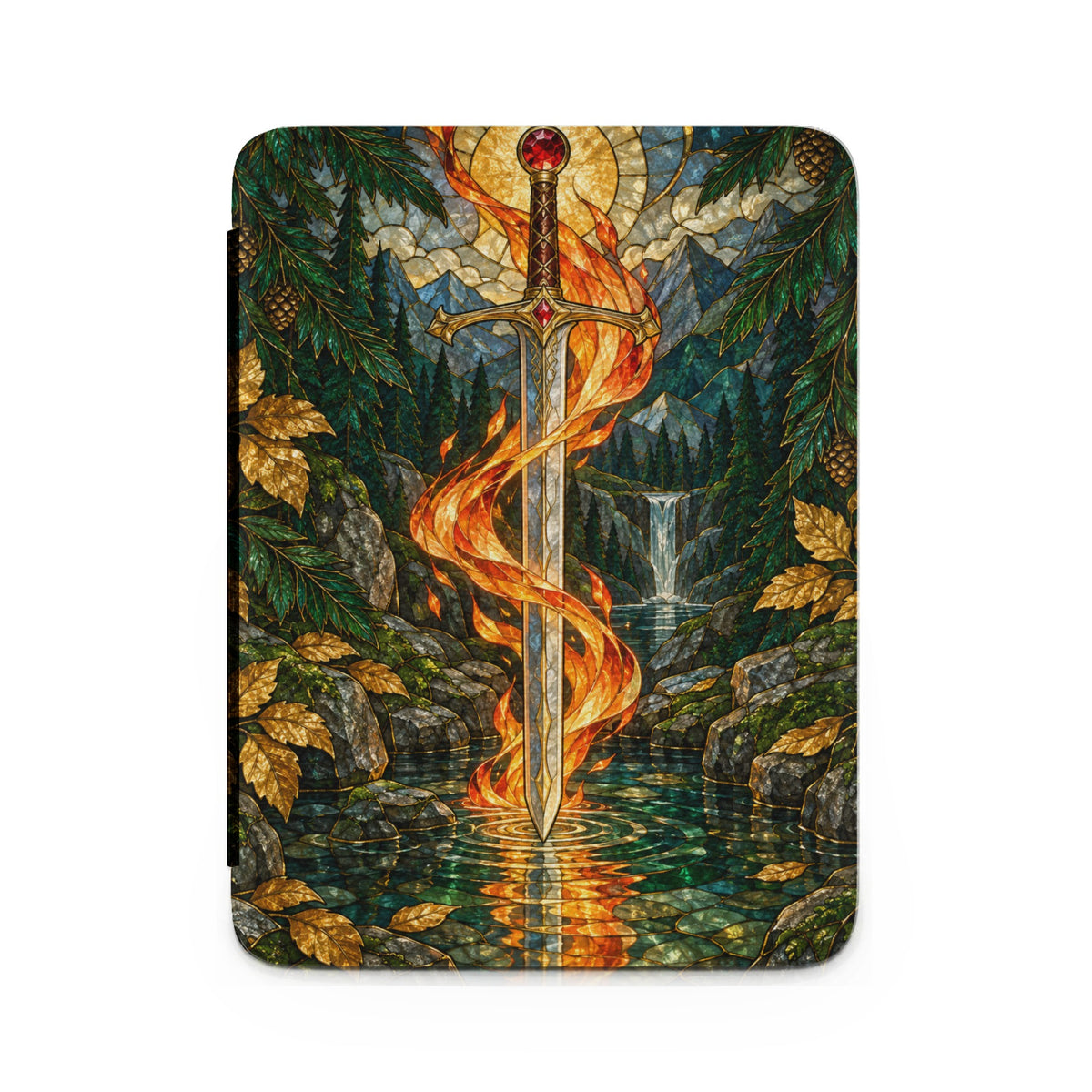 Sword in flames, set in a forest with a waterfall and mountains, rendered in stained glass.